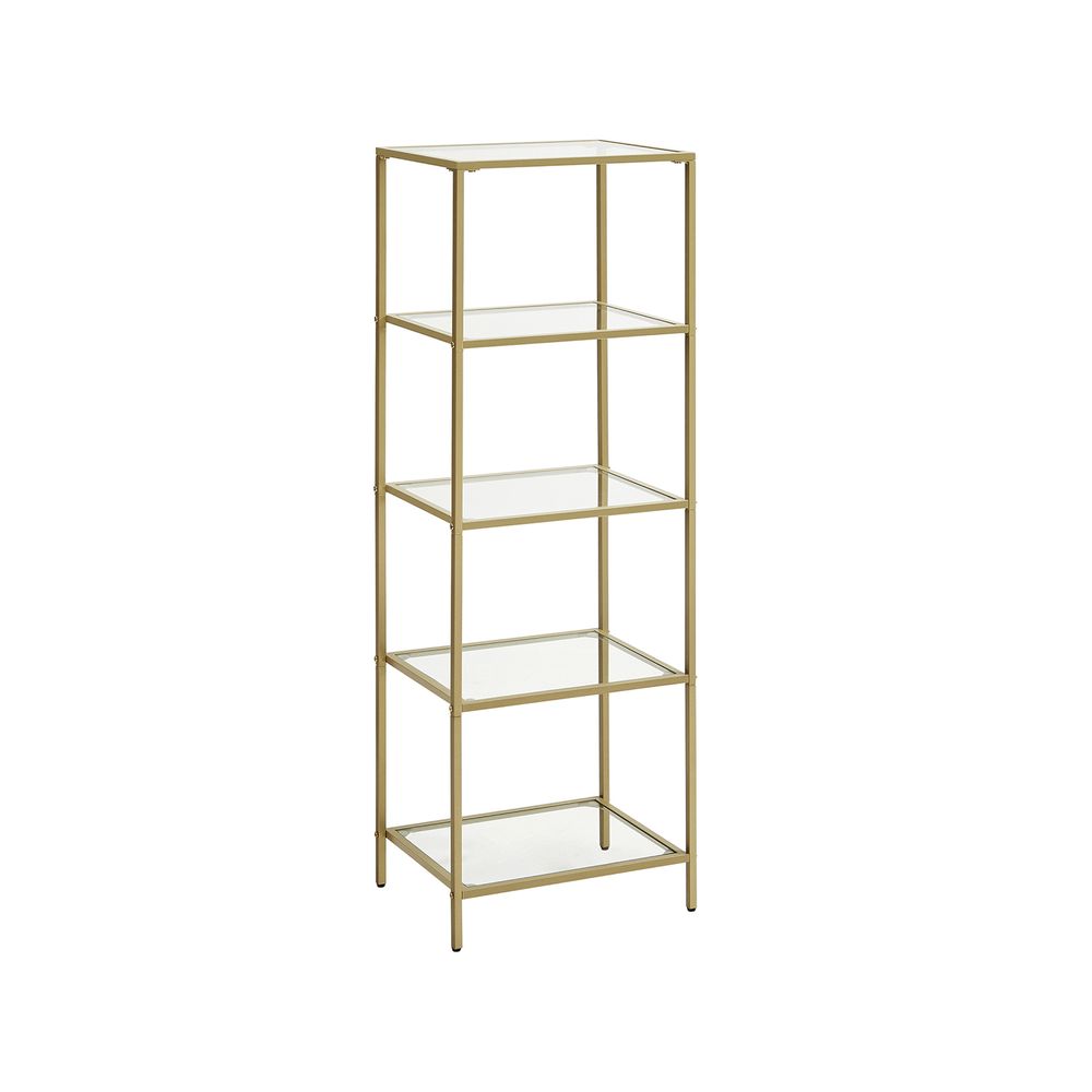 Elegant gold and glass standing shelf with a sturdy steel frame, tempered glass shelves, and versatile storage for any room.