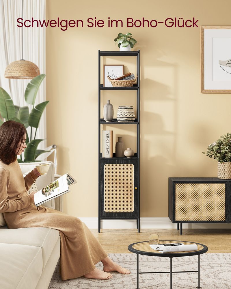 Boho chic standing shelf with rattan-like door, ideal for modern and bohemian decor, offering ample vertical storage with adjustable shelf and stable design. Easy assembly.