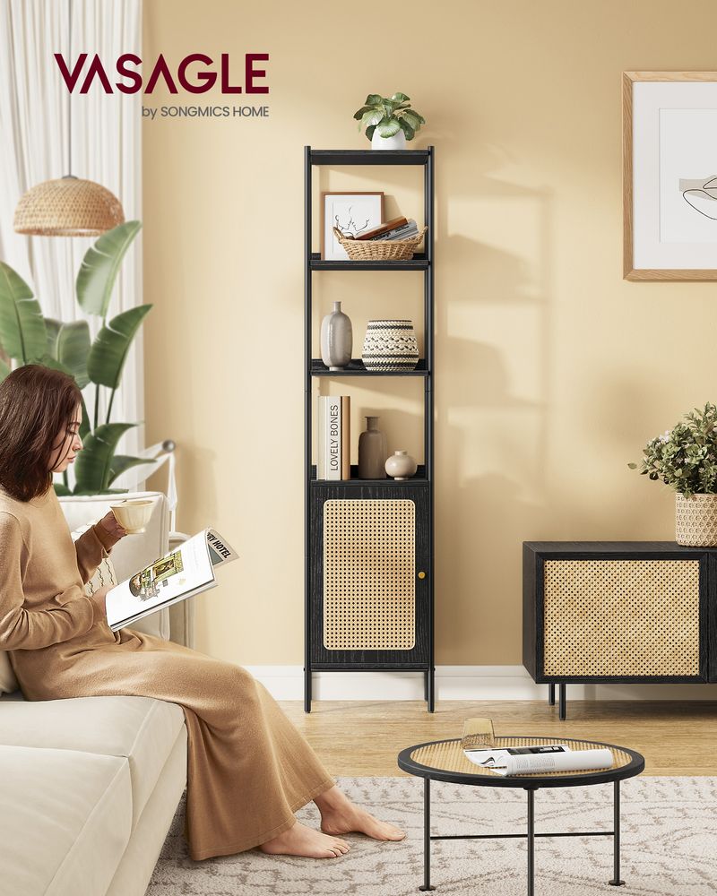 Boho chic standing shelf with rattan-like door, ideal for modern and bohemian decor, offering ample vertical storage with adjustable shelf and stable design. Easy assembly.