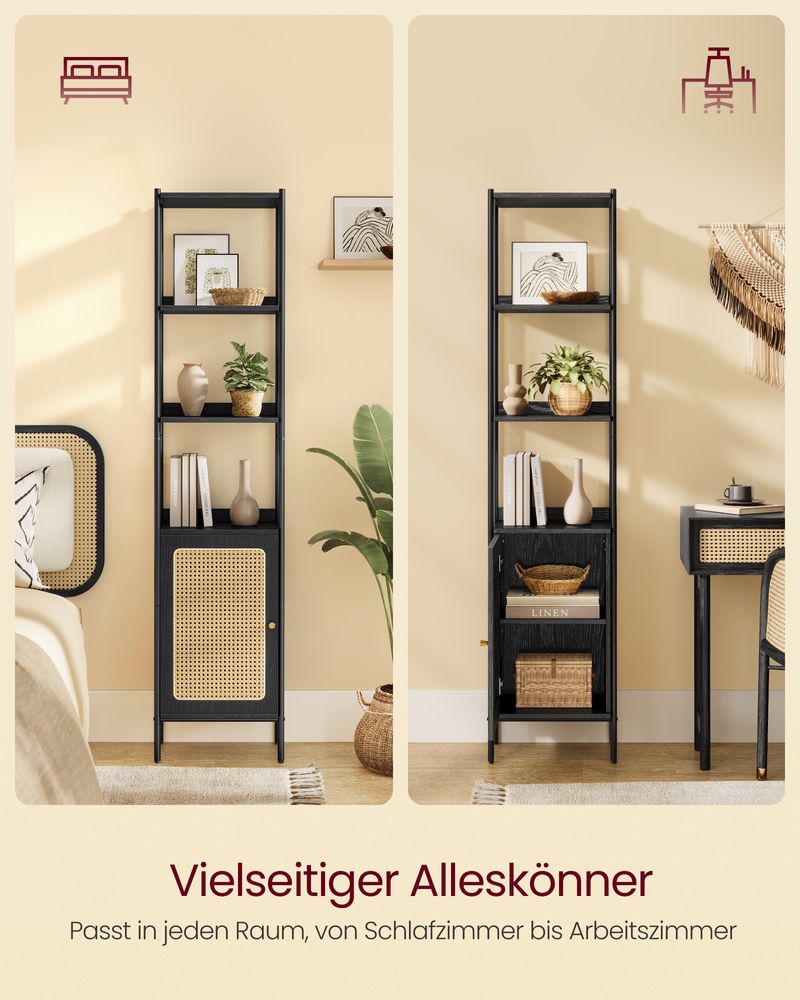Boho chic standing shelf with rattan-like door, ideal for modern and bohemian decor, offering ample vertical storage with adjustable shelf and stable design. Easy assembly.