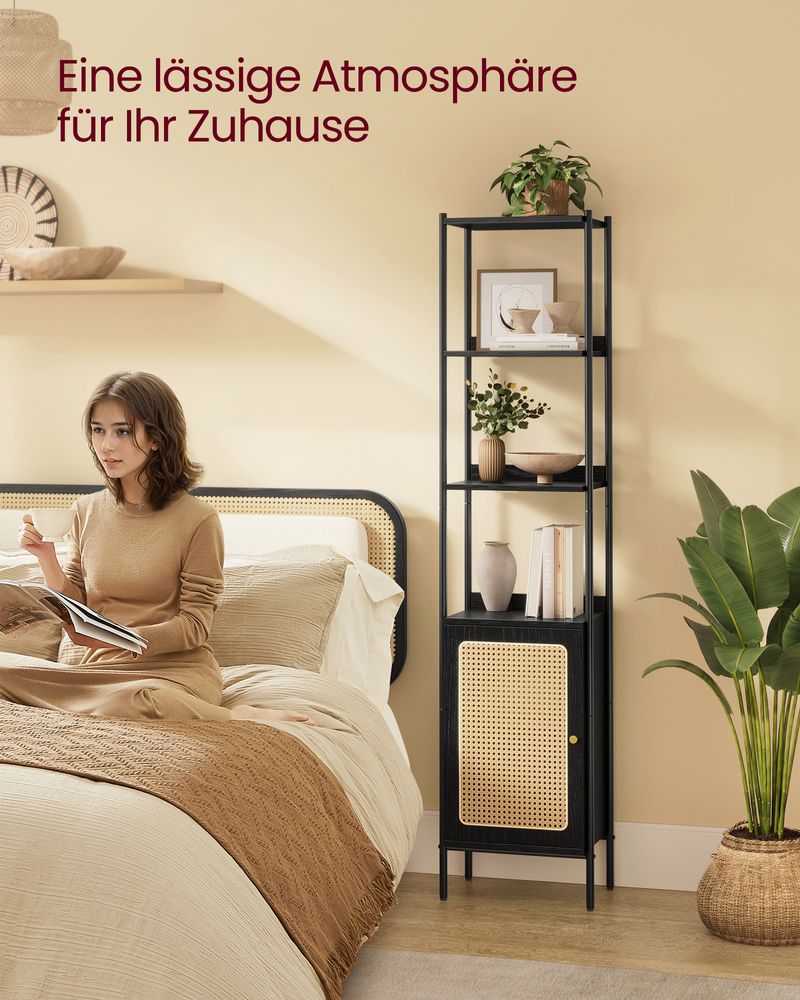 Boho chic standing shelf with rattan-like door, ideal for modern and bohemian decor, offering ample vertical storage with adjustable shelf and stable design. Easy assembly.