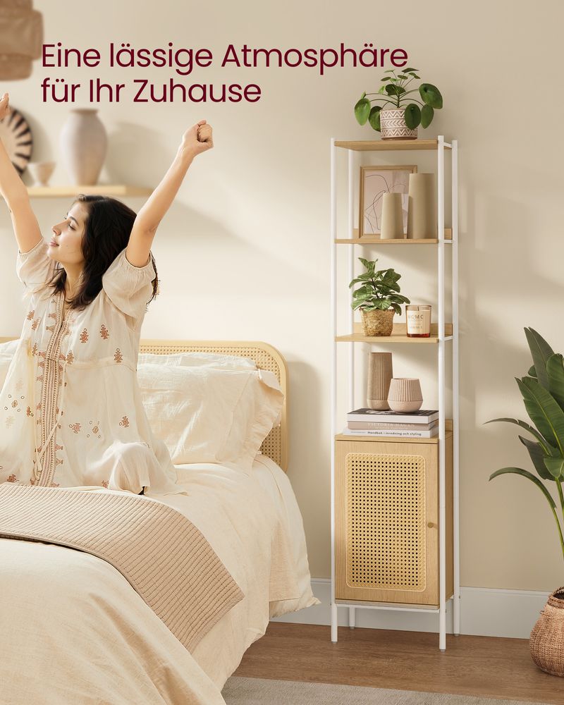 Boho chic standing shelf with rattan-like door, ideal for modern and bohemian decor, offering ample vertical storage with adjustable shelf and stable design. Easy assembly.