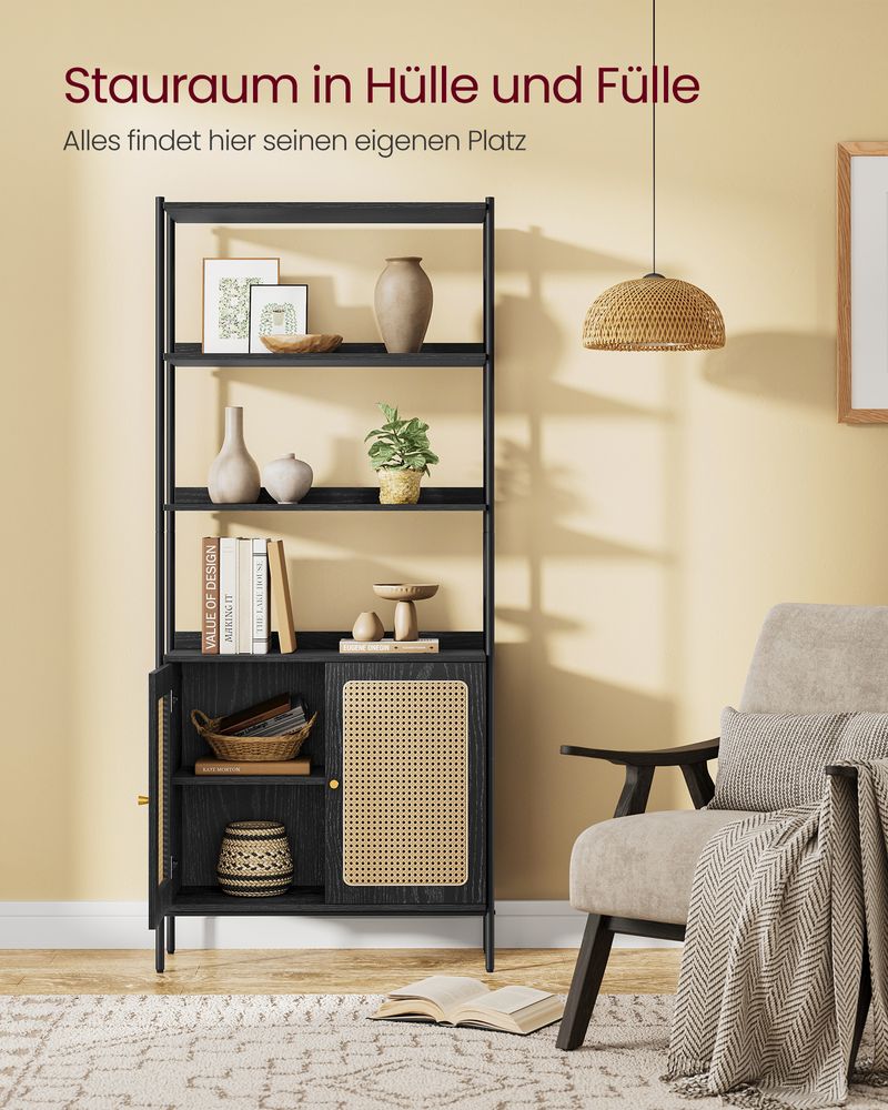 Elegant black boho shelf with a rattan-like door, featuring open shelves and a cabinet, perfect for modern spaces and versatile storage solutions in living rooms, home offices, and bedrooms.
