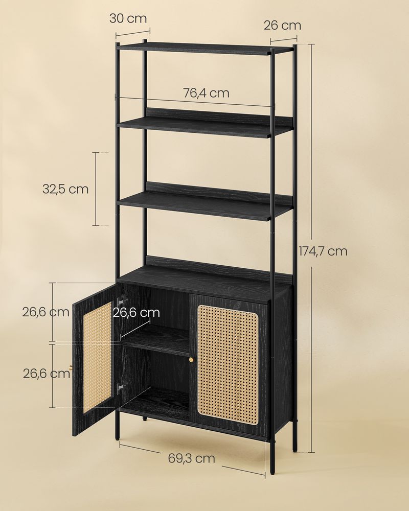 Elegant black boho shelf with a rattan-like door, featuring open shelves and a cabinet, perfect for modern spaces and versatile storage solutions in living rooms, home offices, and bedrooms.