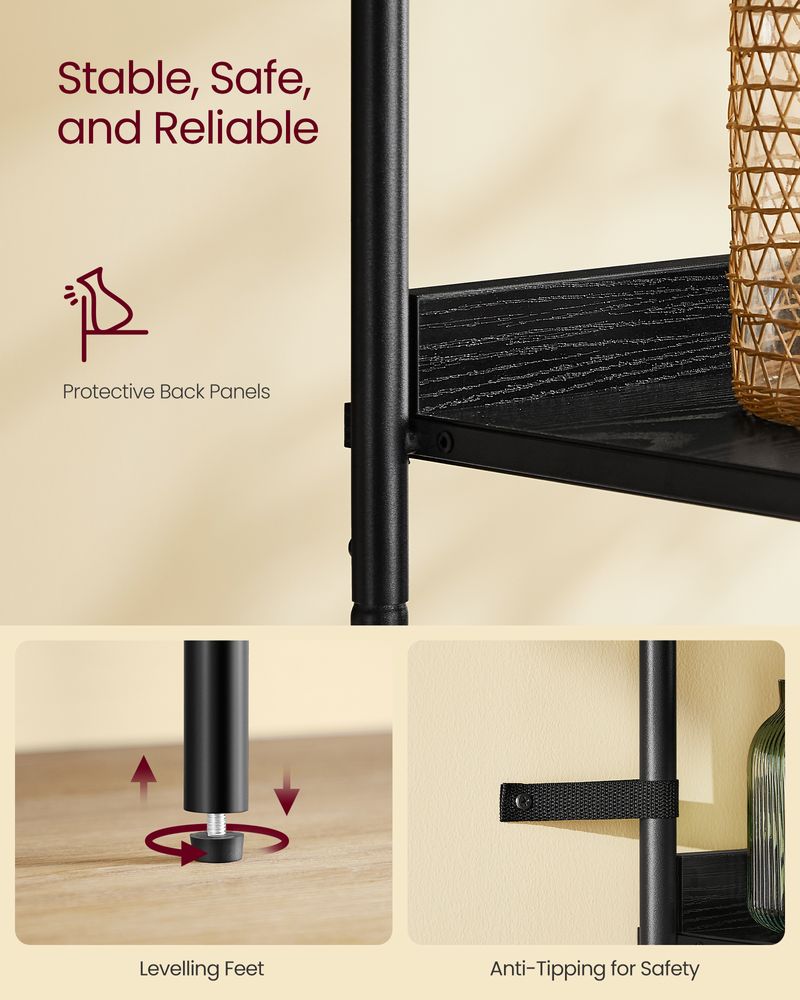 Elegant black boho shelf with a rattan-like door, featuring open shelves and a cabinet, perfect for modern spaces and versatile storage solutions in living rooms, home offices, and bedrooms.