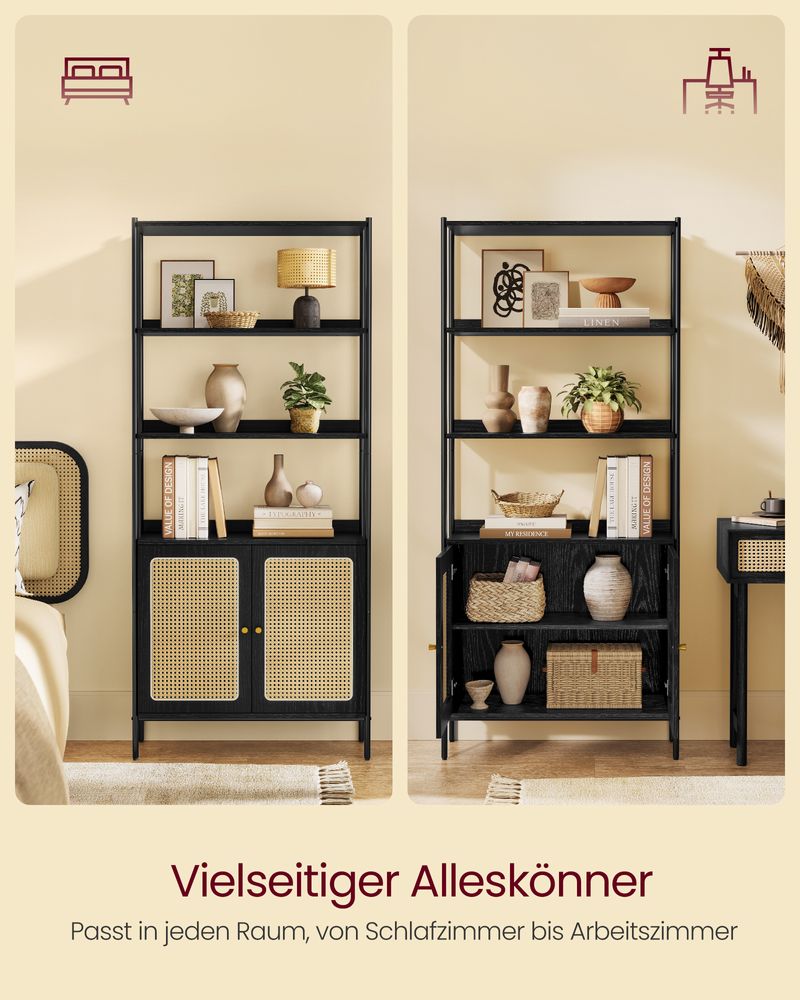 Elegant black boho shelf with a rattan-like door, featuring open shelves and a cabinet, perfect for modern spaces and versatile storage solutions in living rooms, home offices, and bedrooms.