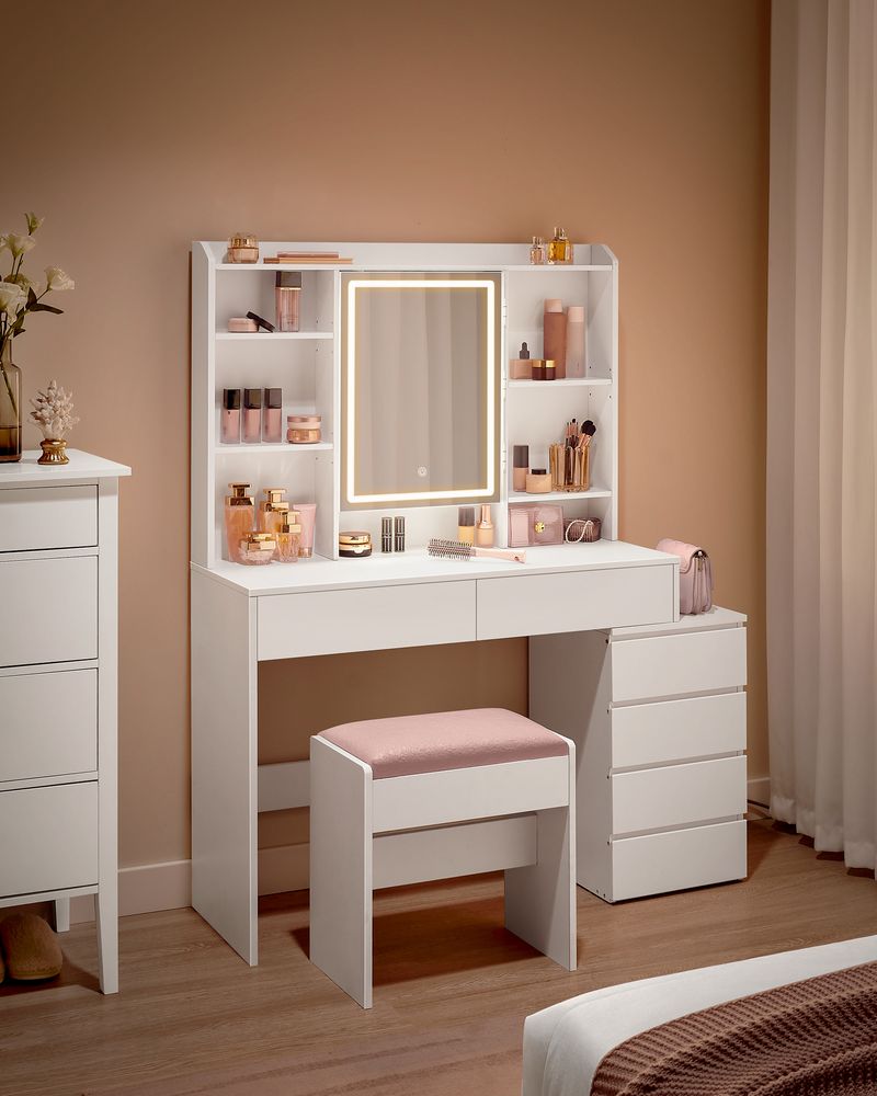 "Modern white dressing table with adjustable LED lighting, multiple storage compartments, and a sleek design – perfect for makeup and organization."
