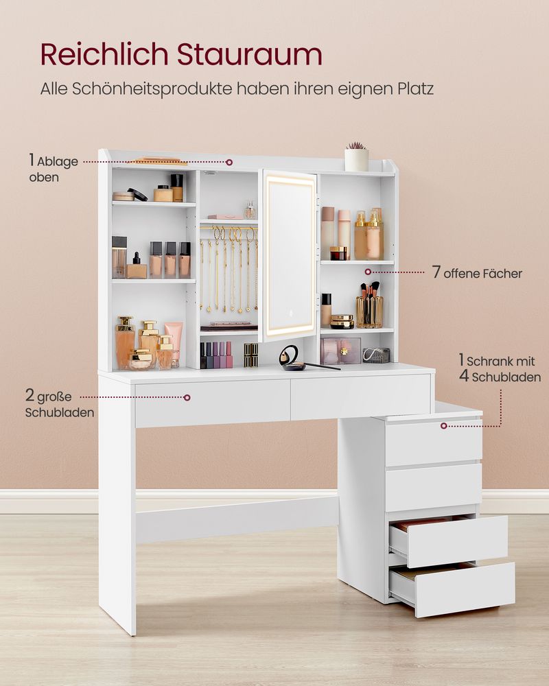 "Modern white dressing table with adjustable LED lighting, multiple storage compartments, and a sleek design – perfect for makeup and organization."