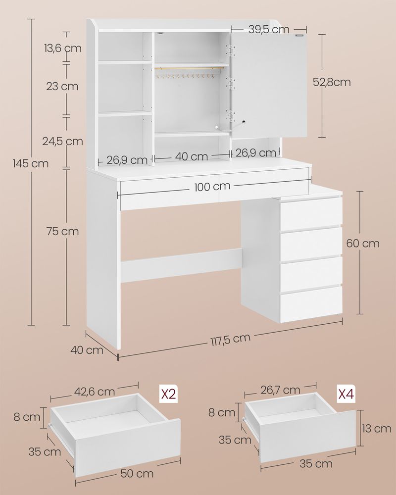 "Modern white dressing table with adjustable LED lighting, multiple storage compartments, and a sleek design – perfect for makeup and organization."