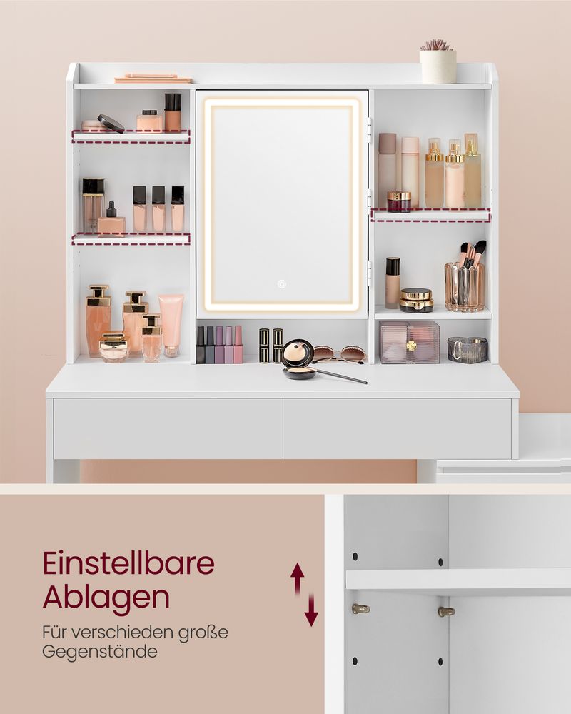"Modern white dressing table with adjustable LED lighting, multiple storage compartments, and a sleek design – perfect for makeup and organization."