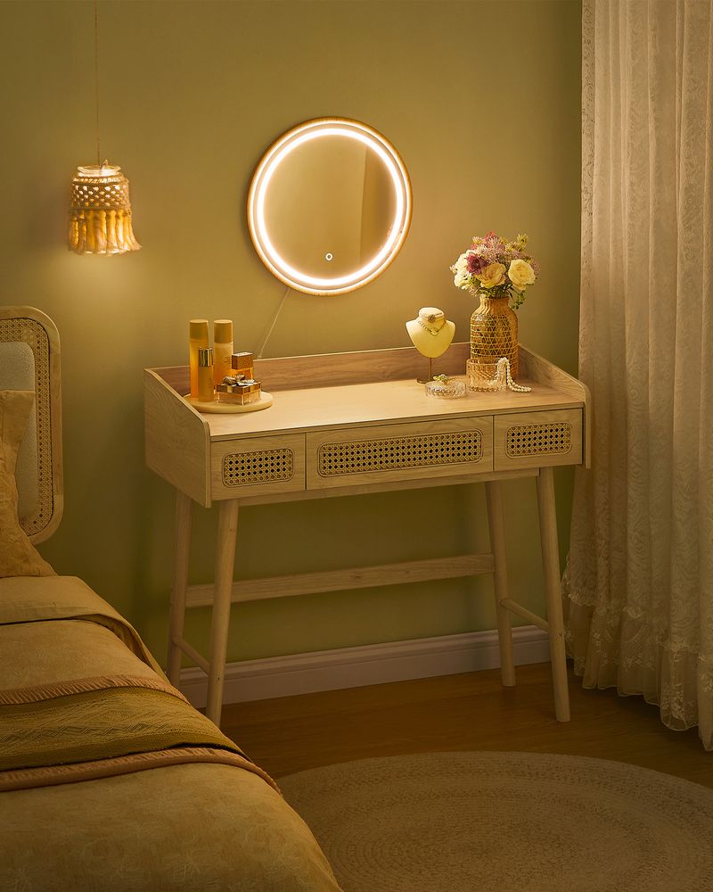 "Boho dressing table with adjustable lighted mirror, solid wood legs, and natural oak beige finish – perfect for makeup and storage."