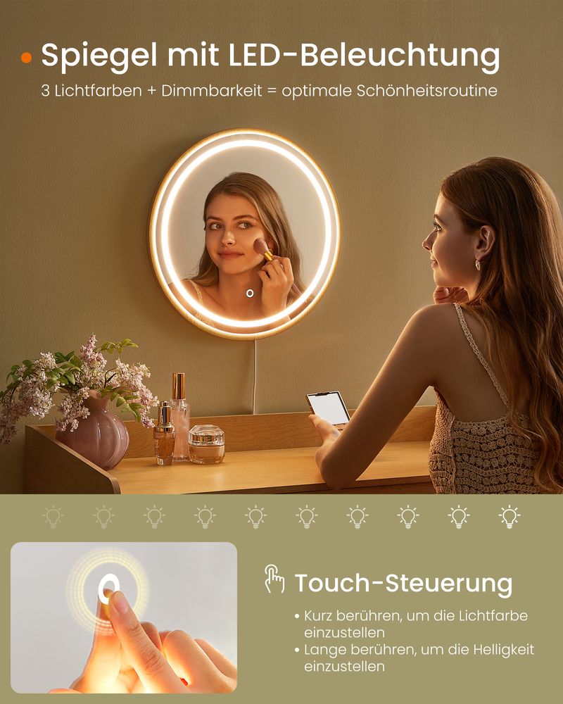 "Boho dressing table with adjustable lighted mirror, solid wood legs, and natural oak beige finish – perfect for makeup and storage."
