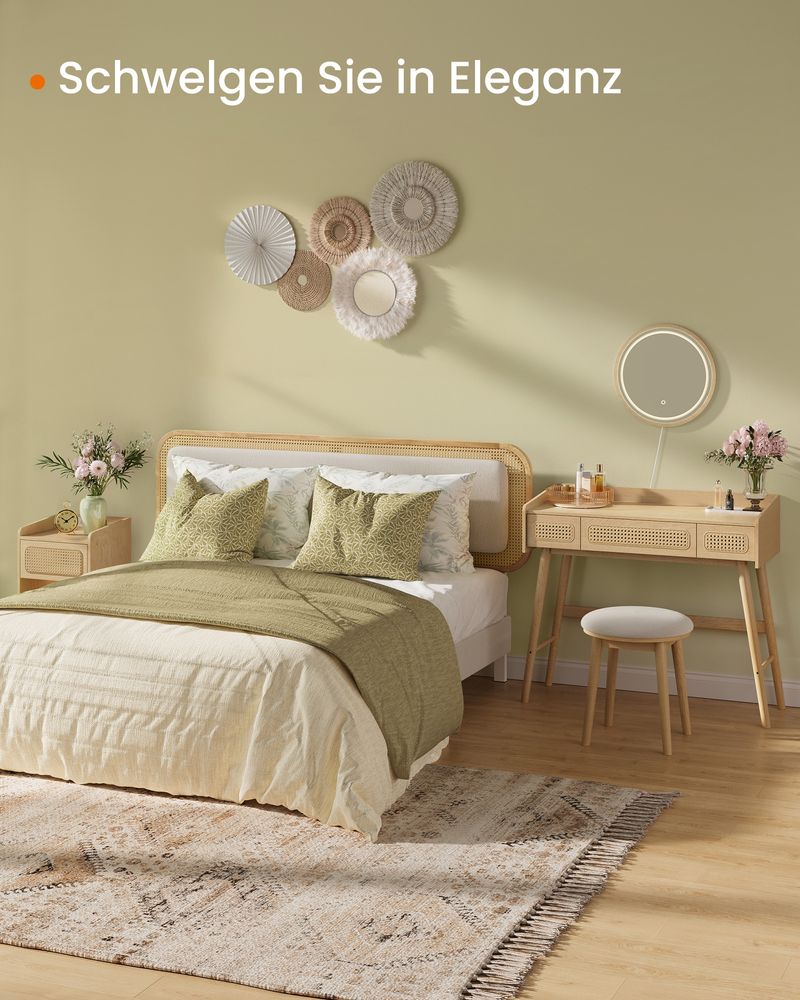 "Boho dressing table with adjustable lighted mirror, solid wood legs, and natural oak beige finish – perfect for makeup and storage."