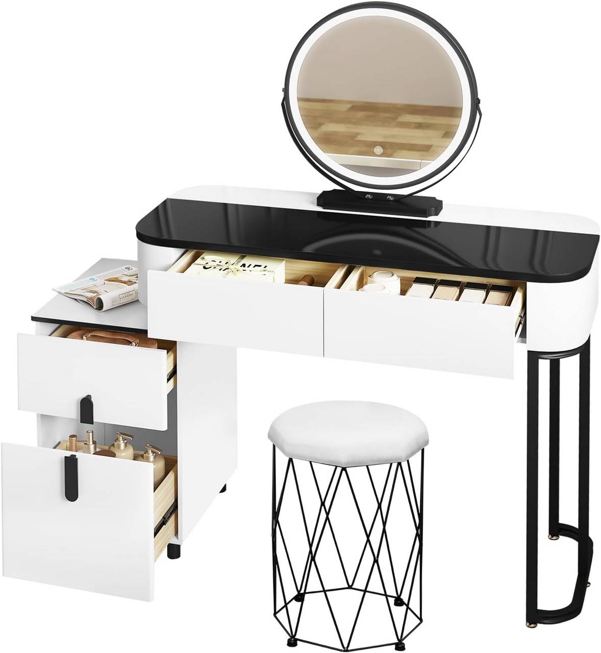 "Elegant black and white dressing table with adjustable LED round mirror, tempered glass tabletop, storage drawers, and velvet-upholstered stool – Egyptian Queen Store."