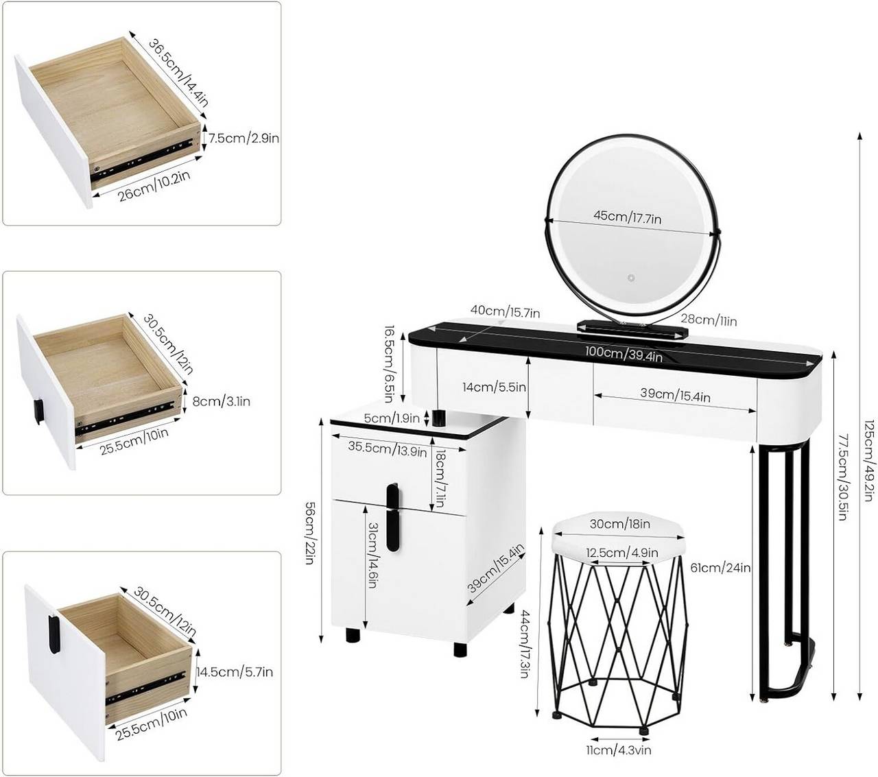 "Elegant black and white dressing table with adjustable LED round mirror, tempered glass tabletop, storage drawers, and velvet-upholstered stool – Egyptian Queen Store."
