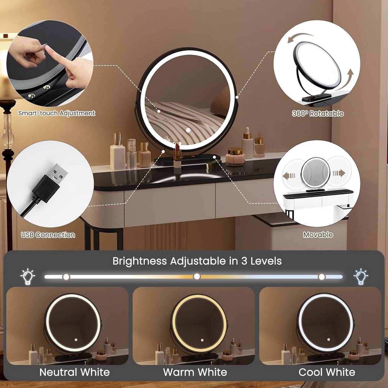 "Elegant black and white dressing table with adjustable LED round mirror, tempered glass tabletop, storage drawers, and velvet-upholstered stool – Egyptian Queen Store."