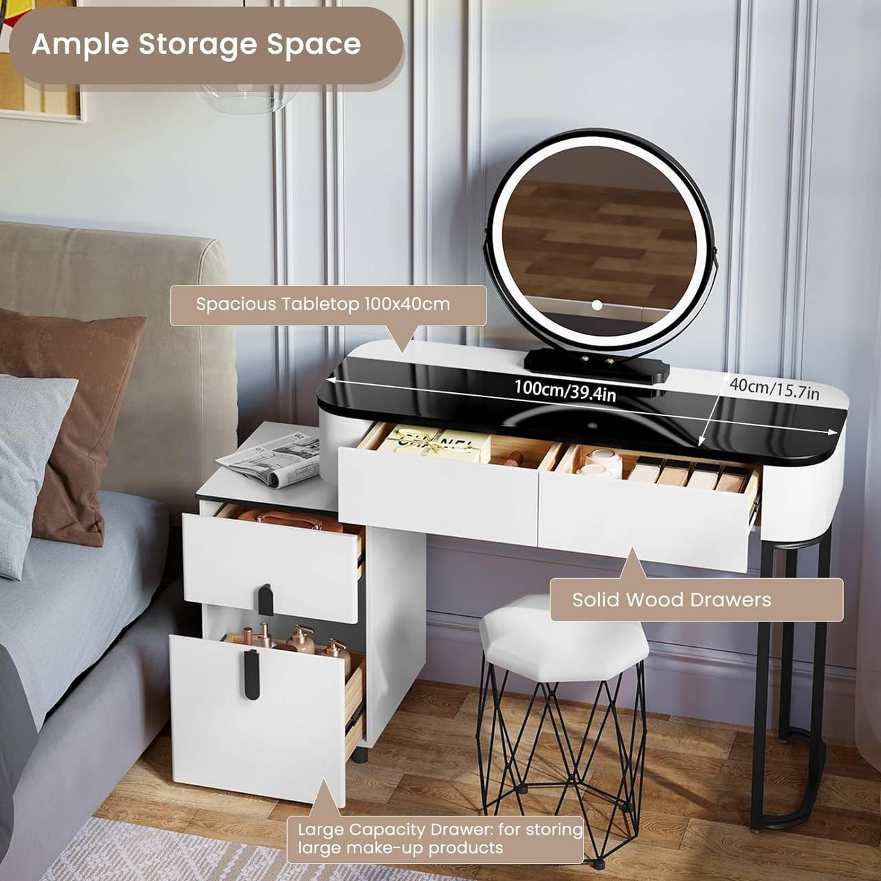 "Elegant black and white dressing table with adjustable LED round mirror, tempered glass tabletop, storage drawers, and velvet-upholstered stool – Egyptian Queen Store."