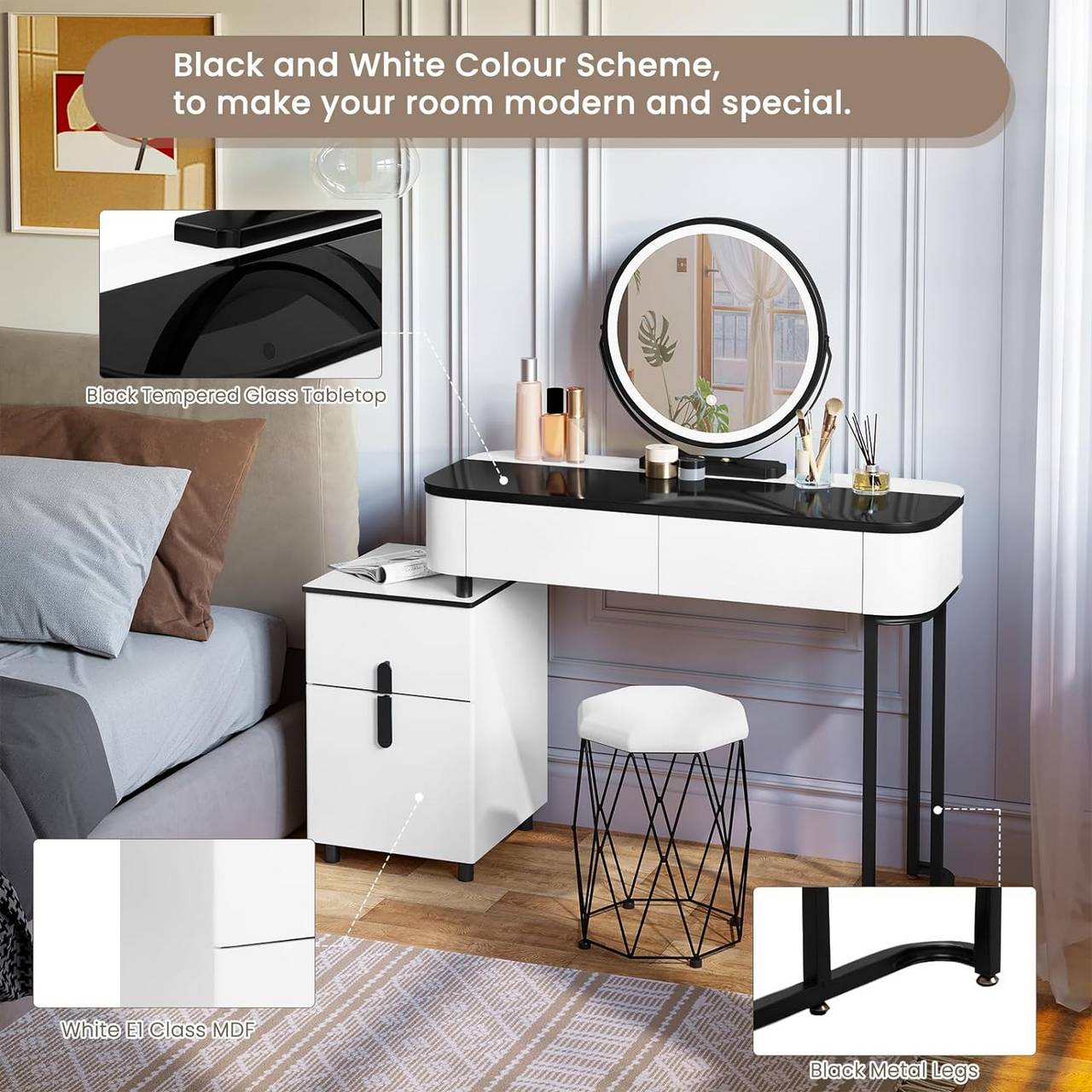 "Elegant black and white dressing table with adjustable LED round mirror, tempered glass tabletop, storage drawers, and velvet-upholstered stool – Egyptian Queen Store."