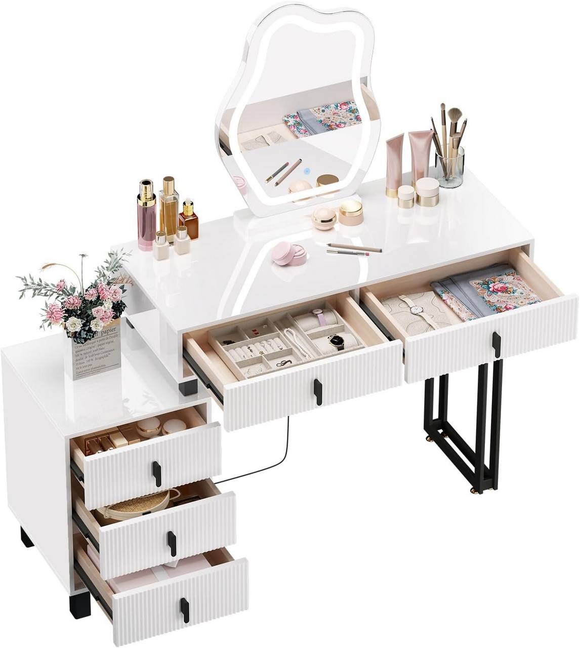 "Modern dressing table by Egyptian Queen Store in high-gloss white with cloud-shaped LED mirror, adjustable lighting, and large storage drawers – stylish and versatile."