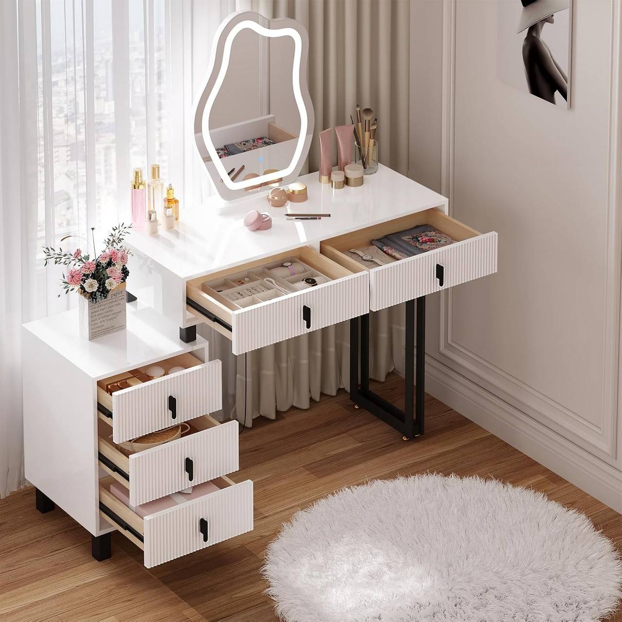 "Modern dressing table by Egyptian Queen Store in high-gloss white with cloud-shaped LED mirror, adjustable lighting, and large storage drawers – stylish and versatile."
