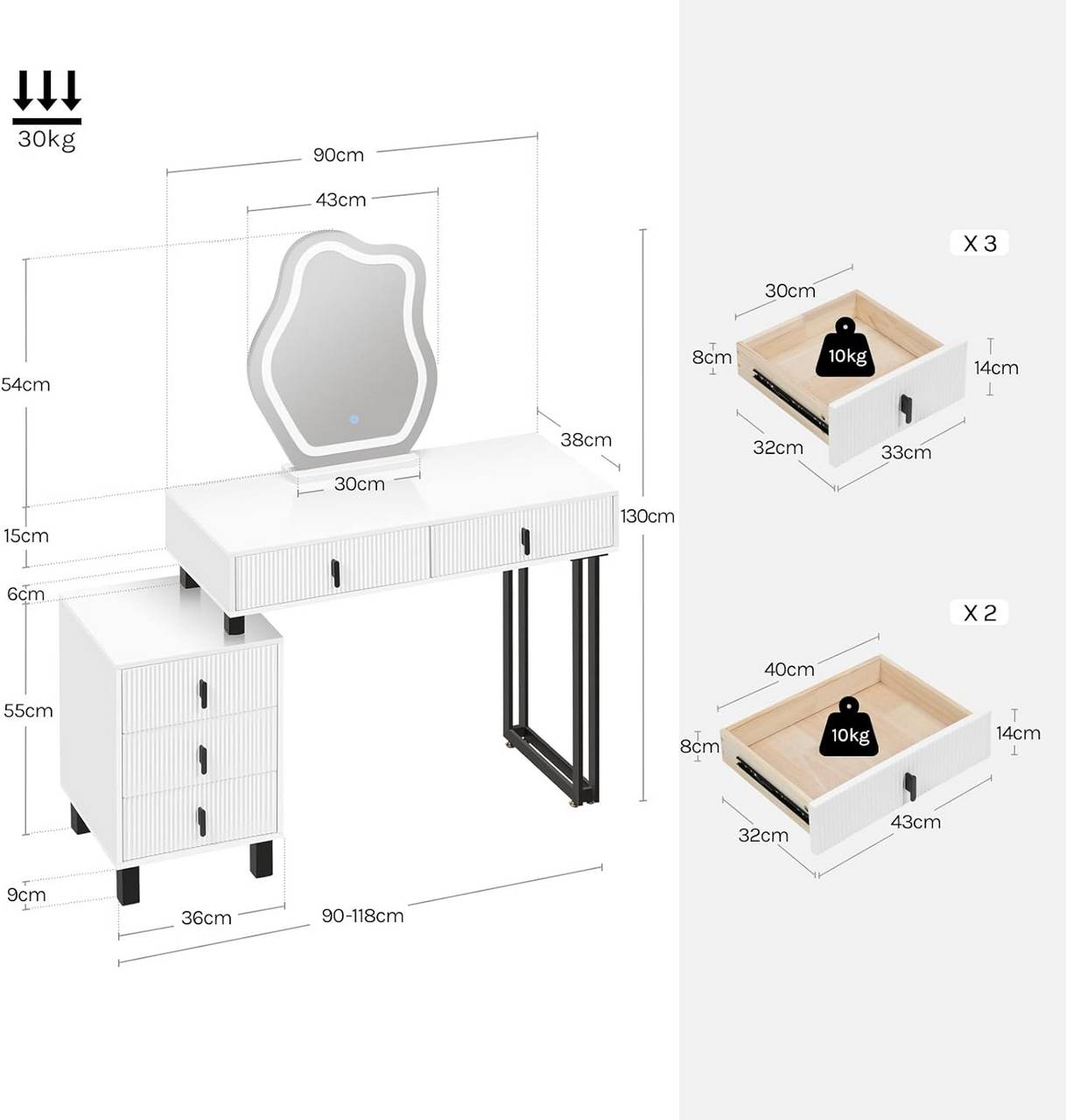 "Modern dressing table by Egyptian Queen Store in high-gloss white with cloud-shaped LED mirror, adjustable lighting, and large storage drawers – stylish and versatile."