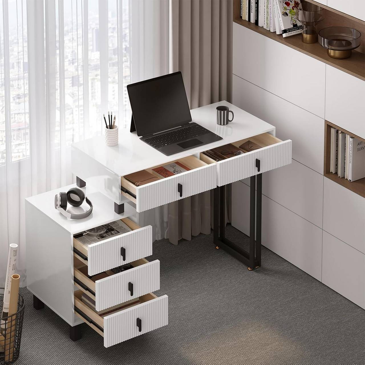 "Modern dressing table by Egyptian Queen Store in high-gloss white with cloud-shaped LED mirror, adjustable lighting, and large storage drawers – stylish and versatile."