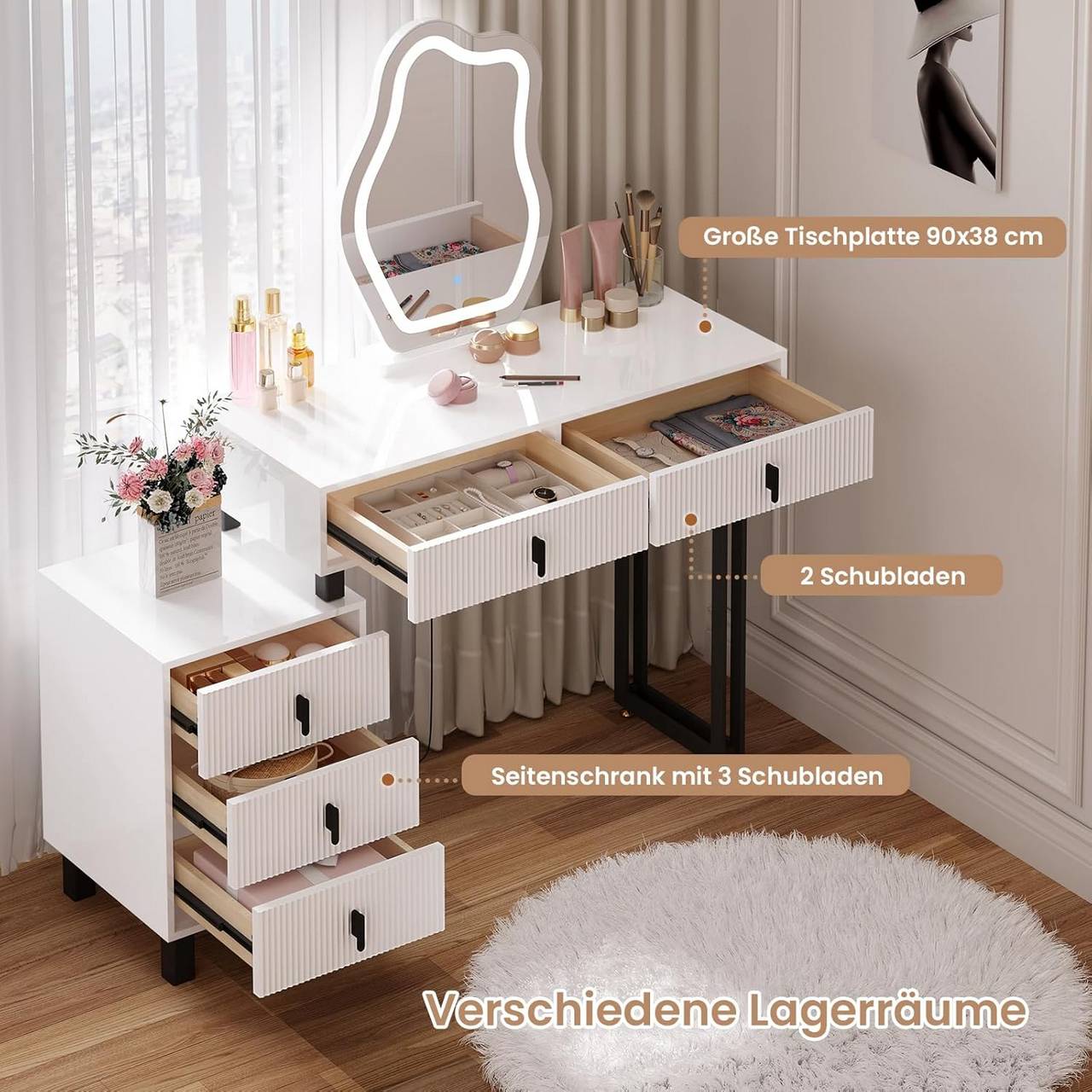 "Modern dressing table by Egyptian Queen Store in high-gloss white with cloud-shaped LED mirror, adjustable lighting, and large storage drawers – stylish and versatile."