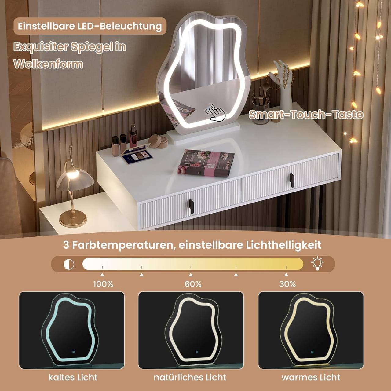"Modern dressing table by Egyptian Queen Store in high-gloss white with cloud-shaped LED mirror, adjustable lighting, and large storage drawers – stylish and versatile."