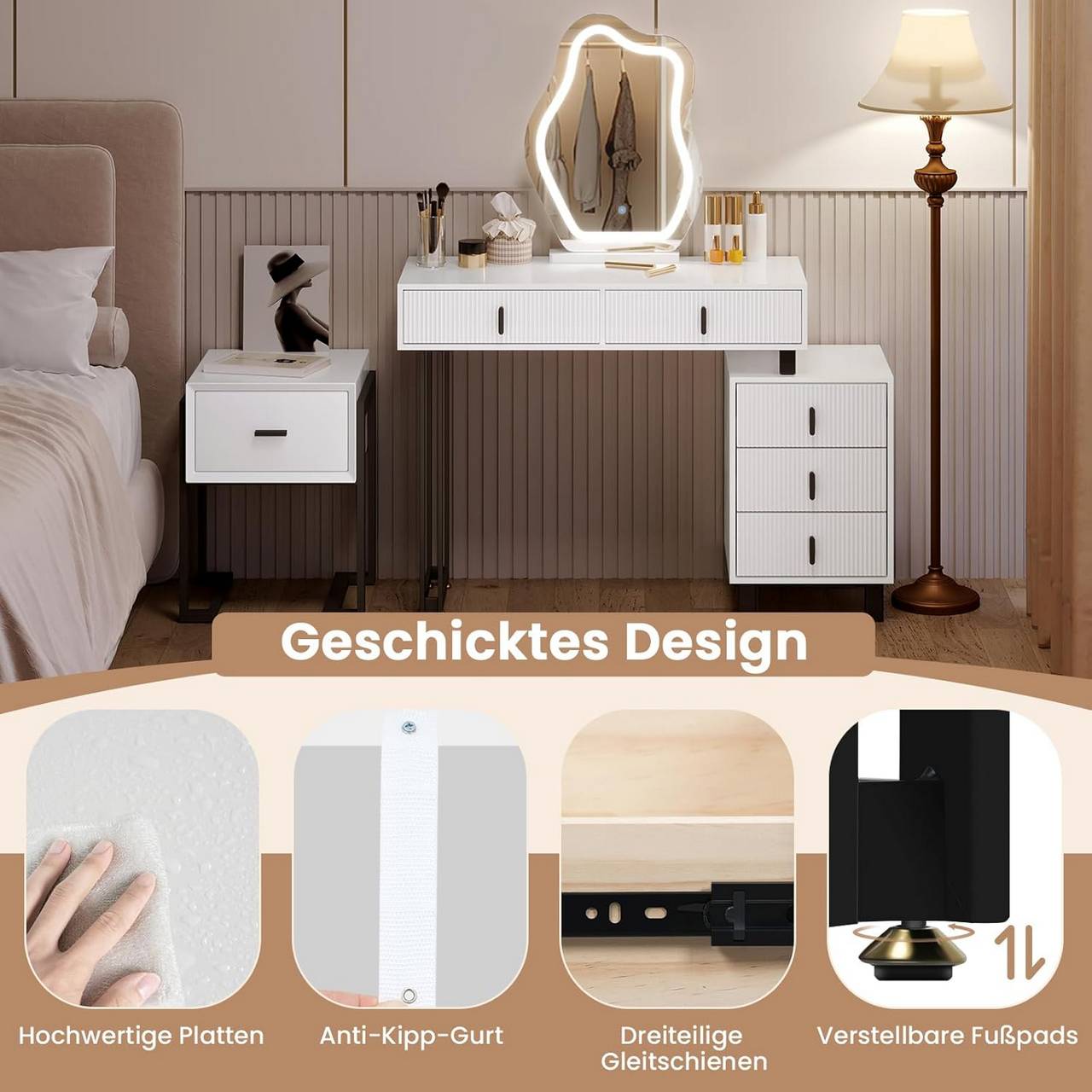 "Modern dressing table by Egyptian Queen Store in high-gloss white with cloud-shaped LED mirror, adjustable lighting, and large storage drawers – stylish and versatile."