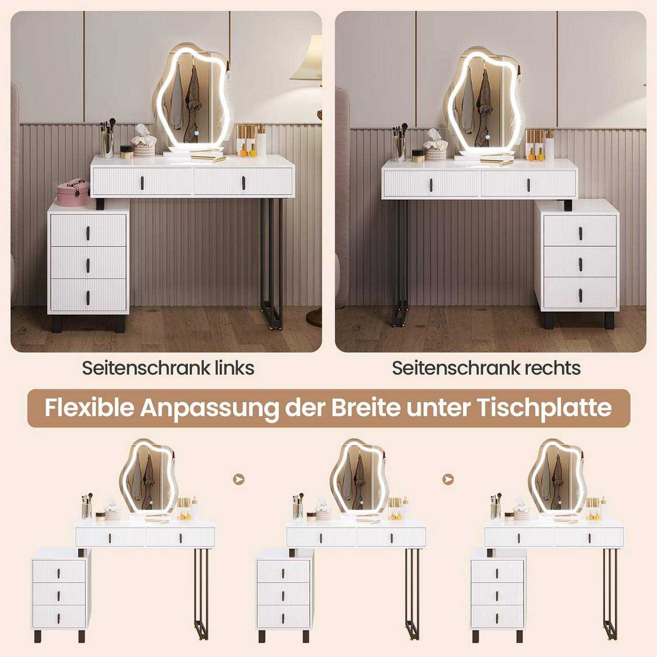 "Modern dressing table by Egyptian Queen Store in high-gloss white with cloud-shaped LED mirror, adjustable lighting, and large storage drawers – stylish and versatile."