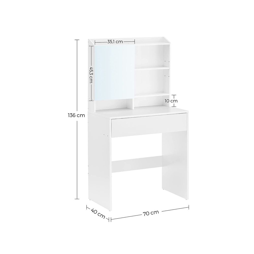 Minimalist white dressing table featuring a hidden storage shelf behind the mirror, an open compartment for perfumes, a spacious drawer, and a top shelf for personalized décor. Crafted from high-quality chipboard, it is both elegant and durable, perfect for modern spaces.
