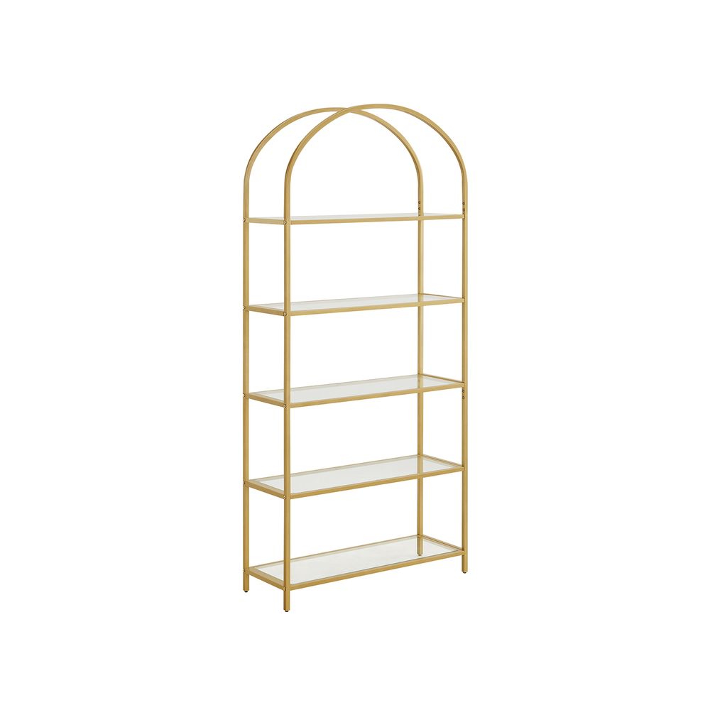VASAGLE 5-tier gold glass shelf with a sturdy steel frame, transparent tempered glass shelves, and an elegant arched design, perfect for living rooms, offices, and bedrooms.
This sleek and sophisticated shelving unit is the ideal way to display and organize your favorite items, adding a modern and luxurious touch to any home!