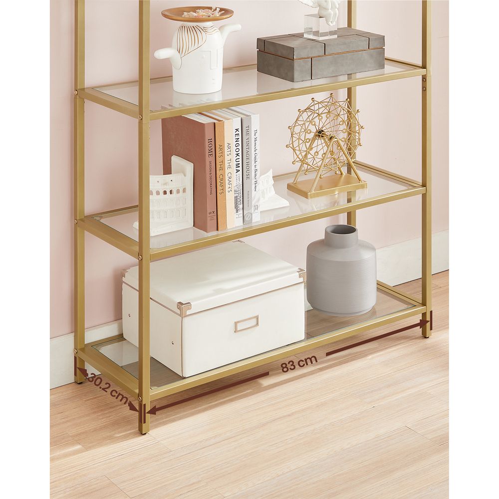 VASAGLE 5-tier gold glass shelf with a sturdy steel frame, transparent tempered glass shelves, and an elegant arched design, perfect for living rooms, offices, and bedrooms.
This sleek and sophisticated shelving unit is the ideal way to display and organize your favorite items, adding a modern and luxurious touch to any home!