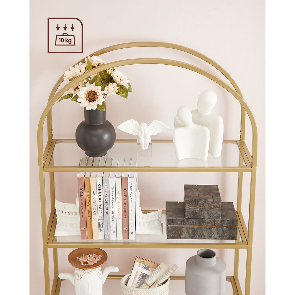 VASAGLE 5-tier gold glass shelf with a sturdy steel frame, transparent tempered glass shelves, and an elegant arched design, perfect for living rooms, offices, and bedrooms.
This sleek and sophisticated shelving unit is the ideal way to display and organize your favorite items, adding a modern and luxurious touch to any home!
