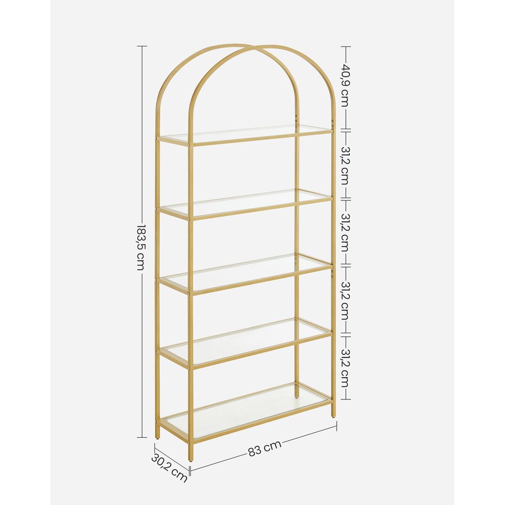 VASAGLE 5-tier gold glass shelf with a sturdy steel frame, transparent tempered glass shelves, and an elegant arched design, perfect for living rooms, offices, and bedrooms.
This sleek and sophisticated shelving unit is the ideal way to display and organize your favorite items, adding a modern and luxurious touch to any home!