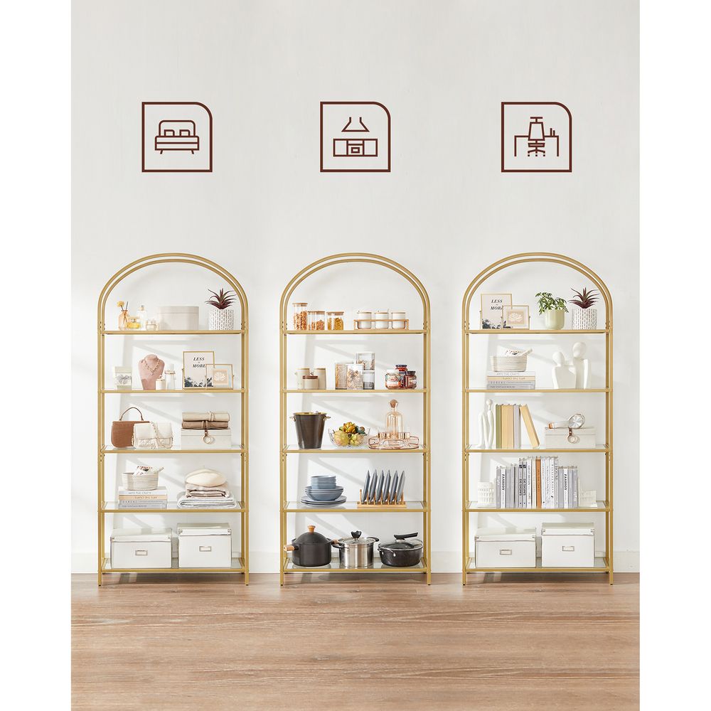 VASAGLE 5-tier gold glass shelf with a sturdy steel frame, transparent tempered glass shelves, and an elegant arched design, perfect for living rooms, offices, and bedrooms.
This sleek and sophisticated shelving unit is the ideal way to display and organize your favorite items, adding a modern and luxurious touch to any home!