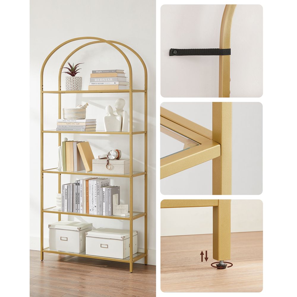VASAGLE 5-tier gold glass shelf with a sturdy steel frame, transparent tempered glass shelves, and an elegant arched design, perfect for living rooms, offices, and bedrooms.
This sleek and sophisticated shelving unit is the ideal way to display and organize your favorite items, adding a modern and luxurious touch to any home!