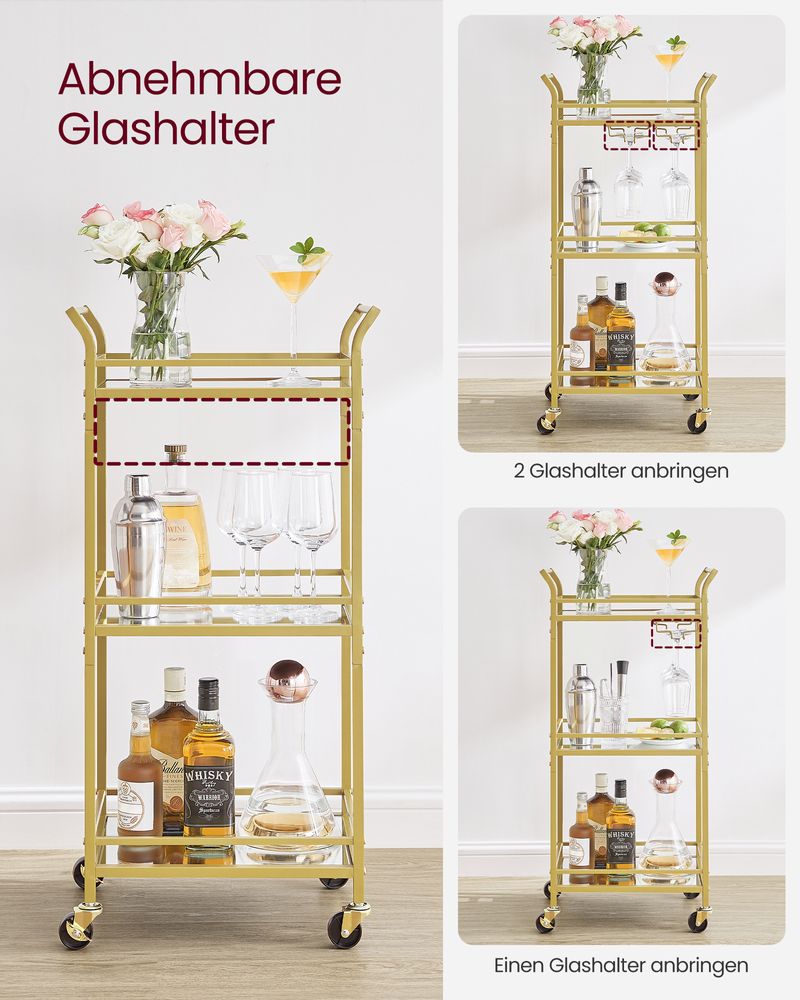 Elegant Mirrored Glass Serving Trolley with Detachable Glass Holders - Egyptian Queen storeserving trolley