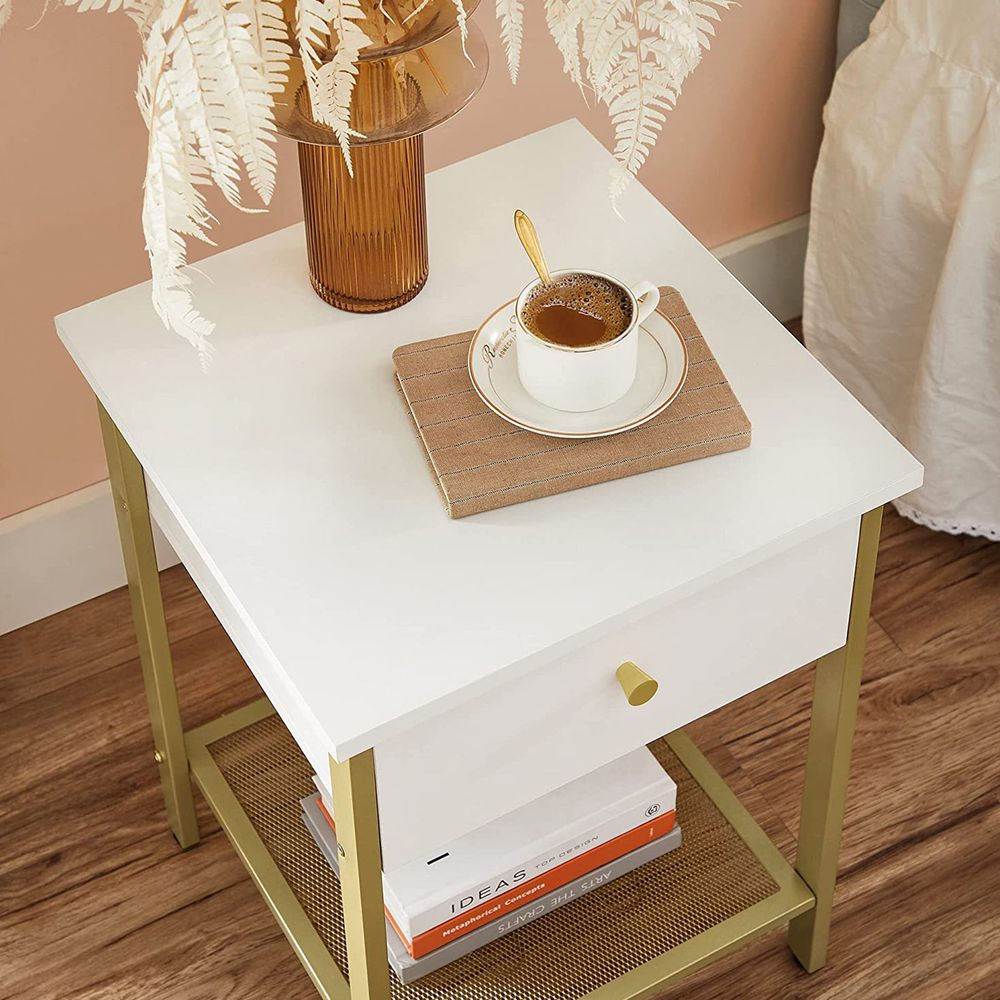 Elegant White and Gold Bedside Table with Grid Shelf - Egyptian Queen storeside table