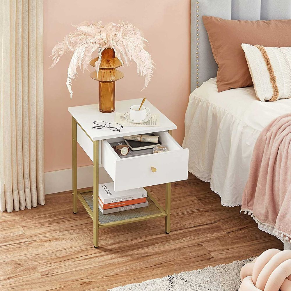 Elegant White and Gold Bedside Table with Grid Shelf - Egyptian Queen storeside table