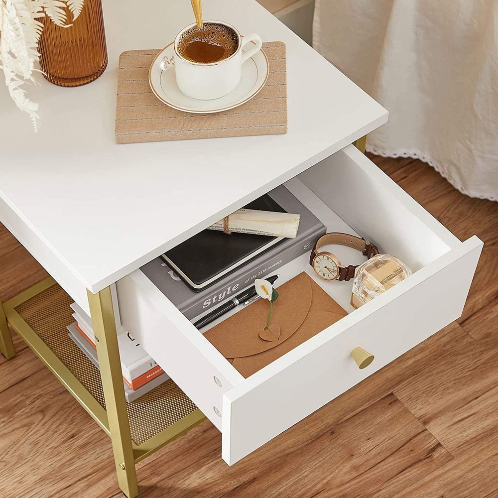 Elegant White and Gold Bedside Table with Grid Shelf - Egyptian Queen storeside table