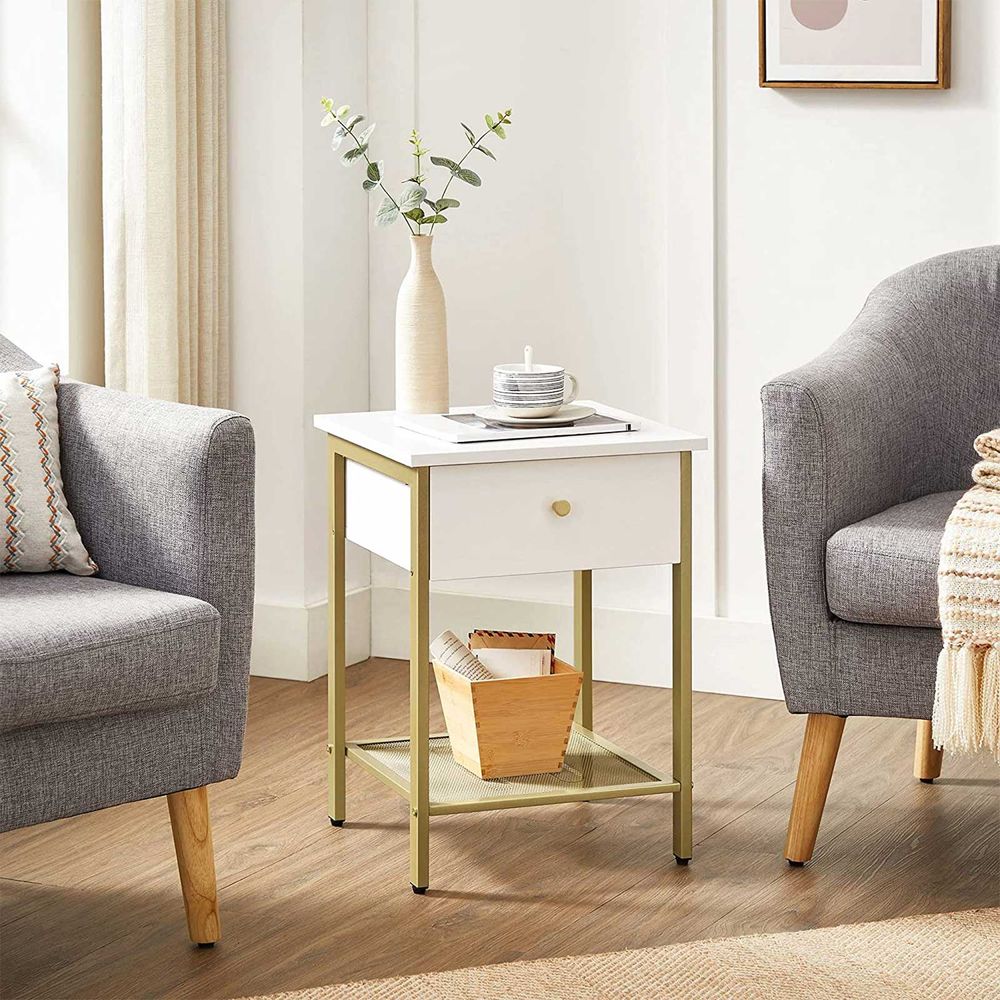Elegant White and Gold Bedside Table with Grid Shelf - Egyptian Queen storeside table