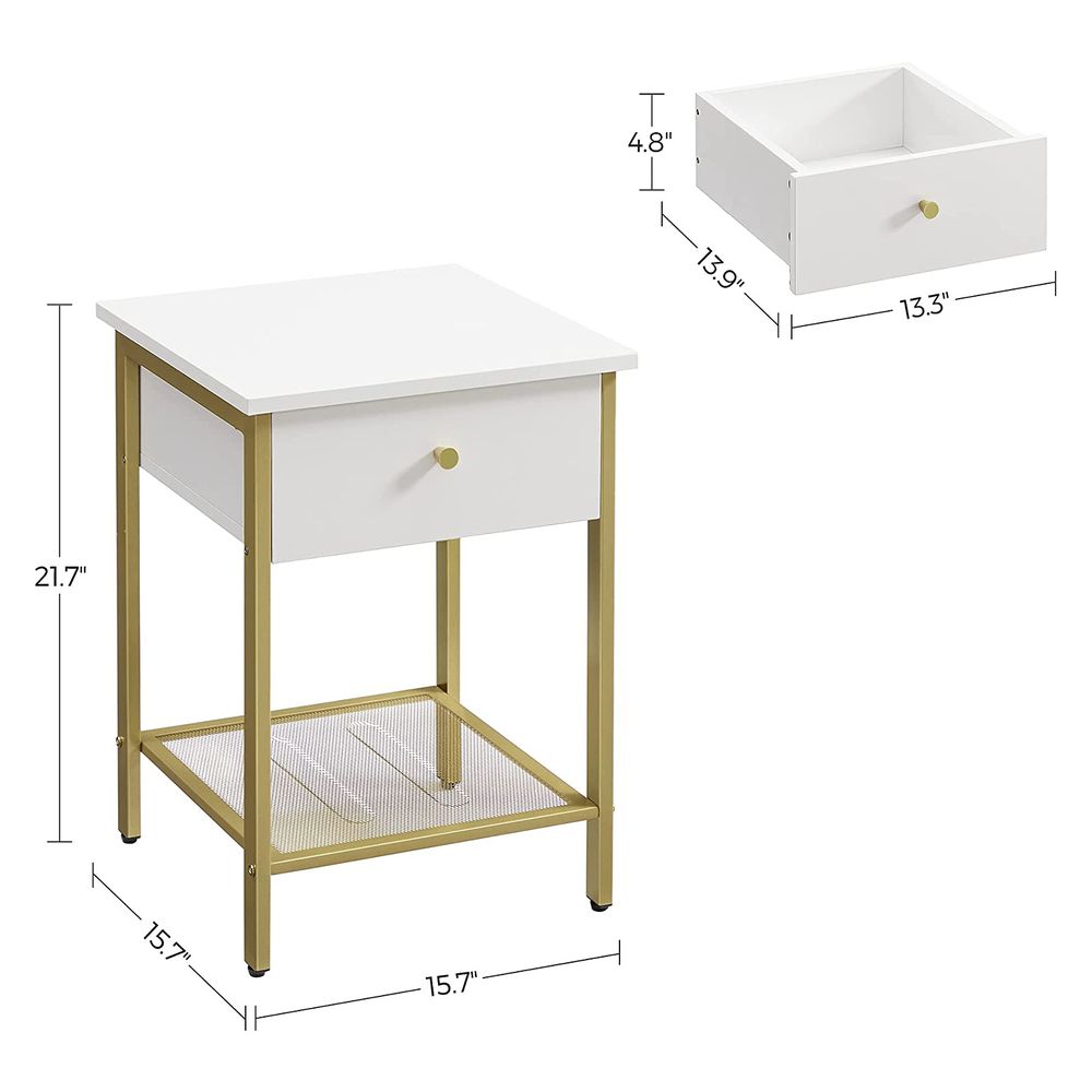 Elegant White and Gold Bedside Table with Grid Shelf - Egyptian Queen storeside table