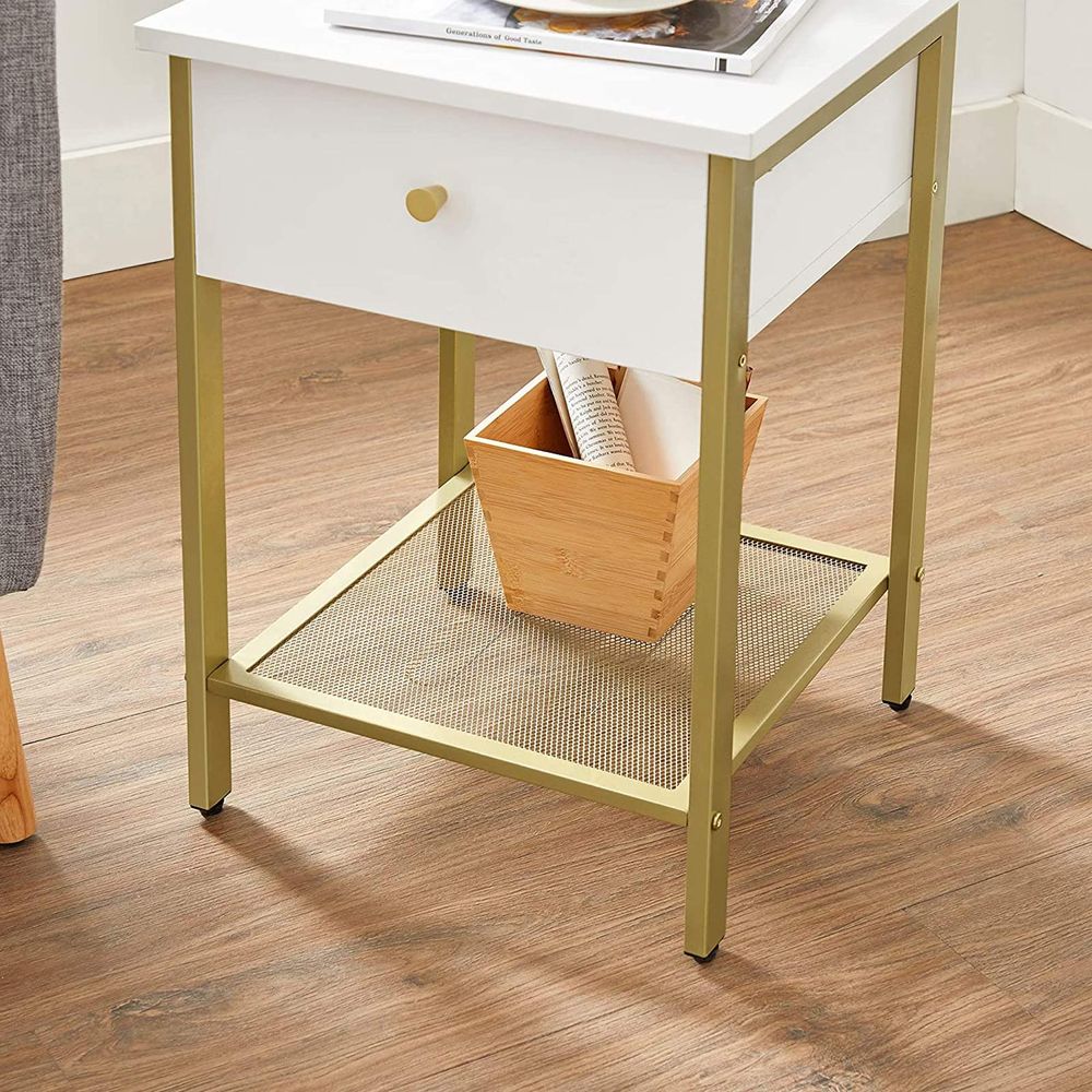 Elegant White and Gold Bedside Table with Grid Shelf - Egyptian Queen storeside table