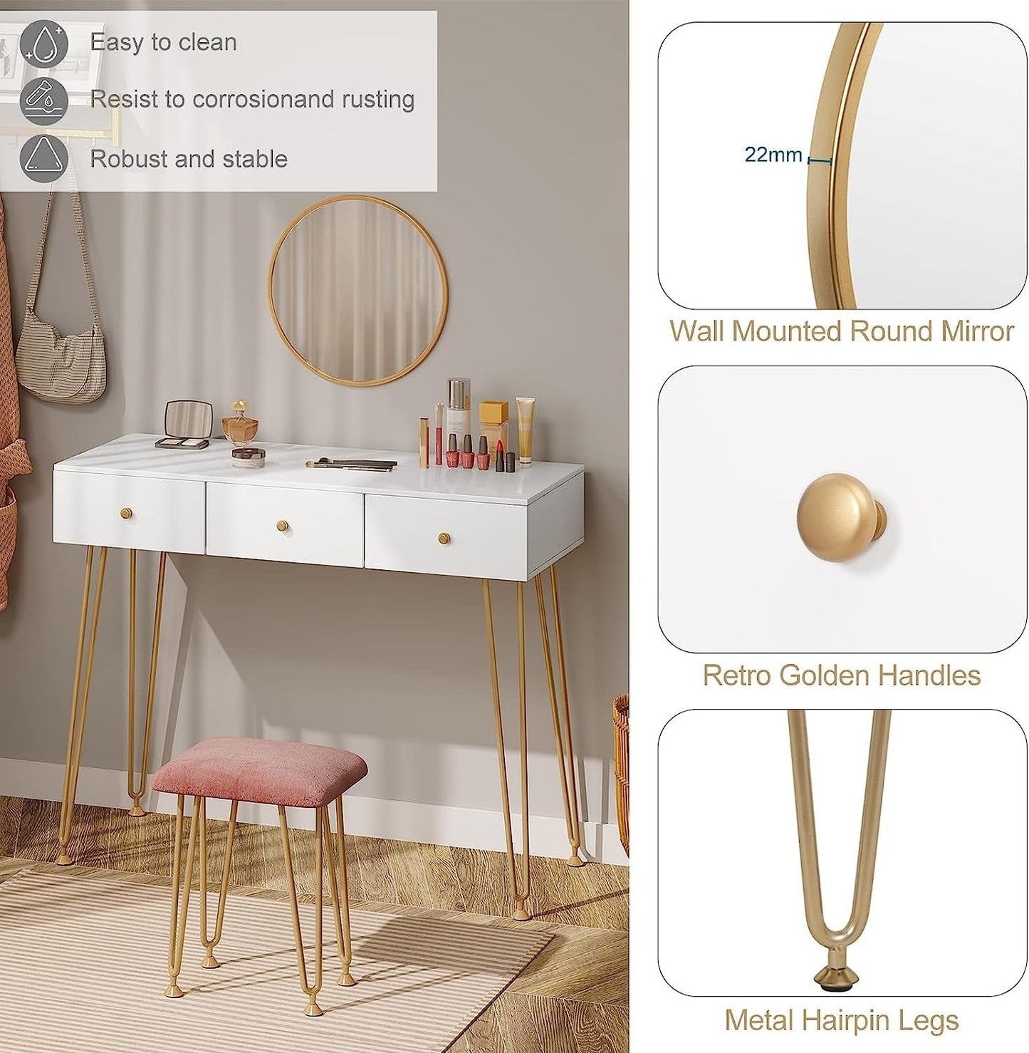 "Golden Elegance vanity makeup table with gold metal frame, spacious white drawers, velvet-padded stool, and a round wall-mounted mirror for modern interiors."