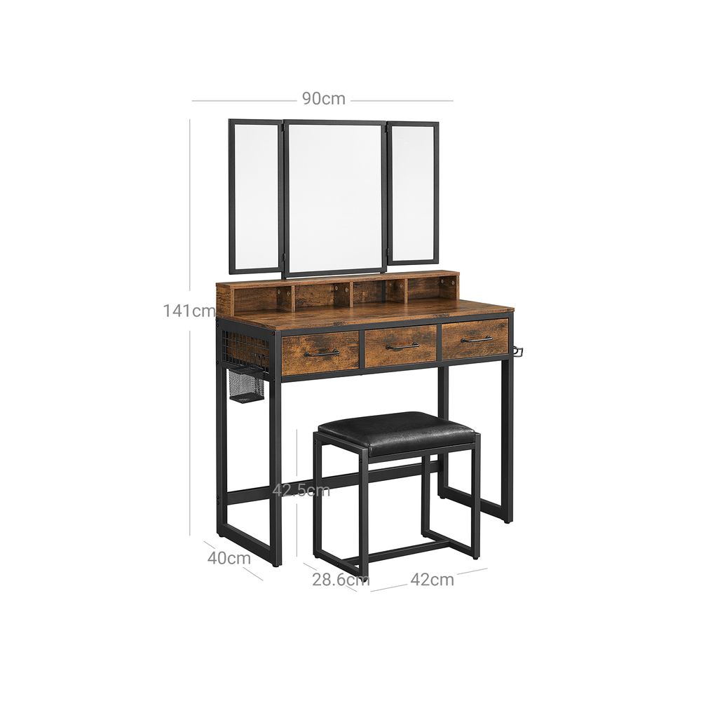 Elegant dressing table set with a tri-fold mirror, three spacious drawers, and a padded stool. Available in Brown, Oak Brown, Gray, and White, with a sturdy steel frame and ample storage options.