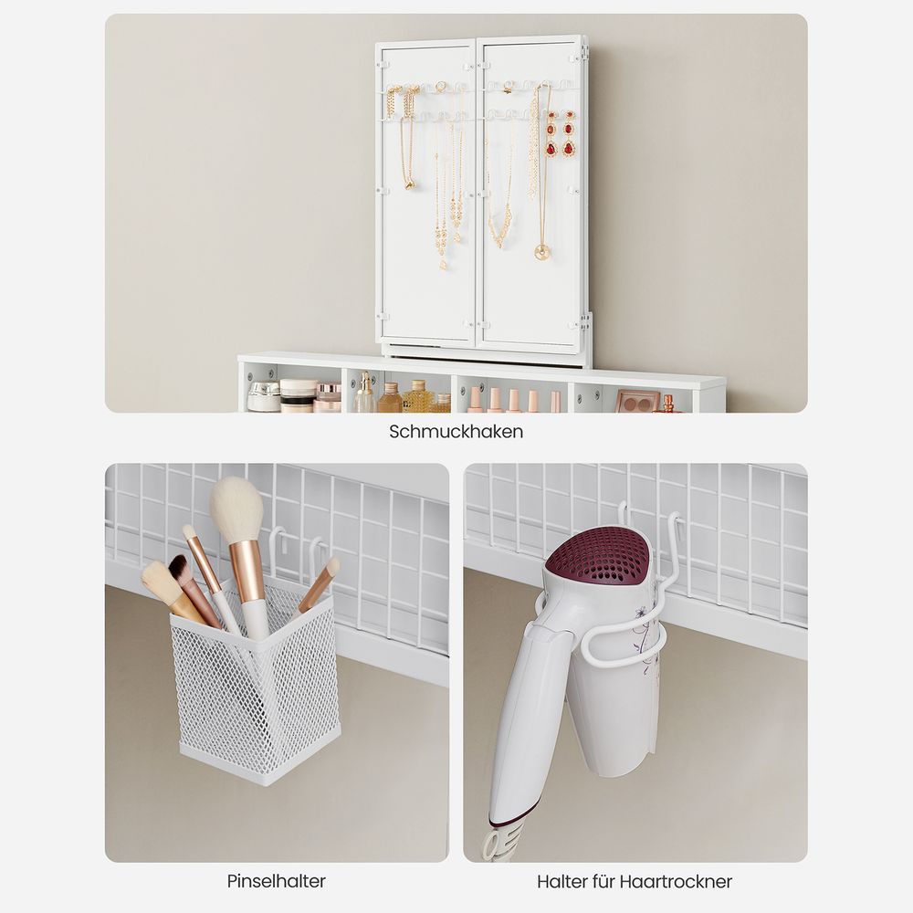 Elegant dressing table set with a tri-fold mirror, three spacious drawers, and a padded stool. Available in Brown, Oak Brown, Gray, and White, with a sturdy steel frame and ample storage options.