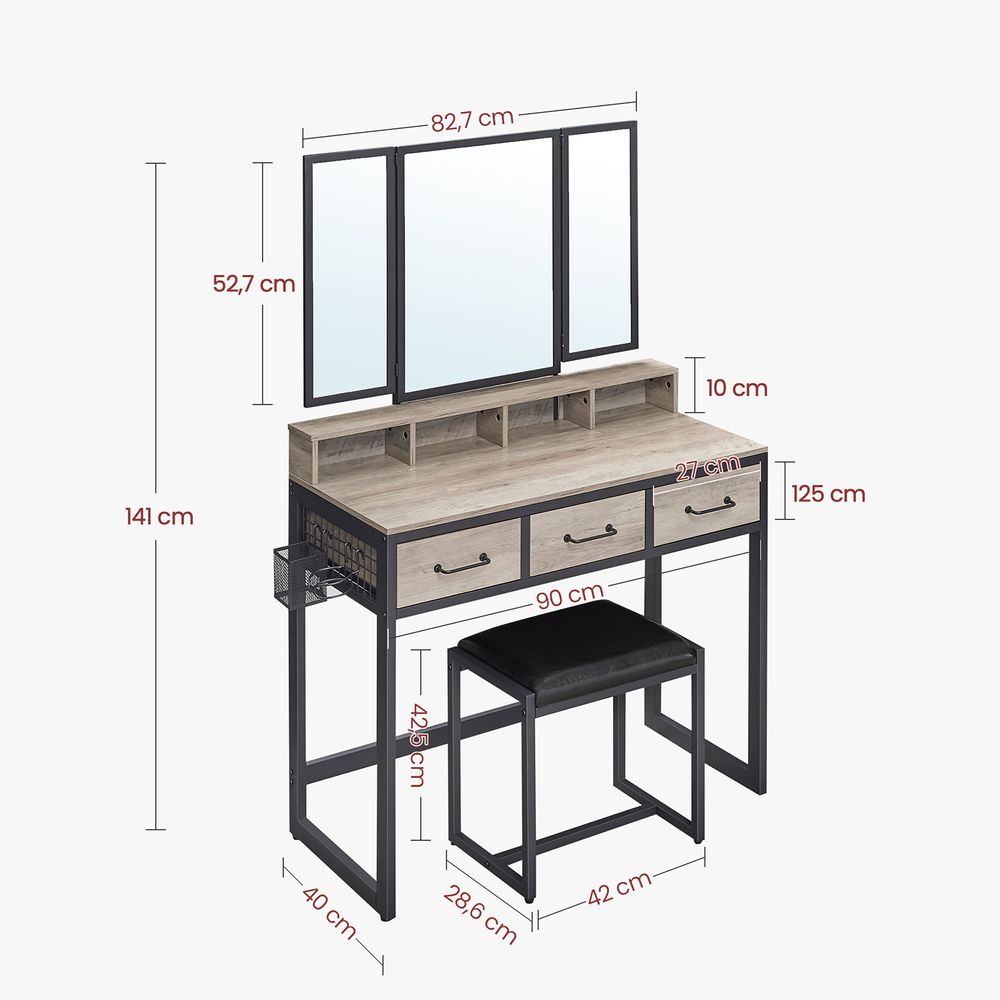 Elegant dressing table set with a tri-fold mirror, three spacious drawers, and a padded stool. Available in Brown, Oak Brown, Gray, and White, with a sturdy steel frame and ample storage options.