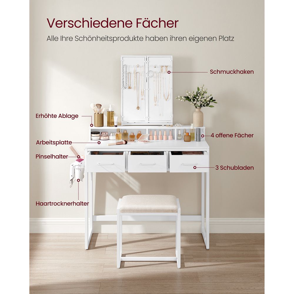 Elegant dressing table set with a tri-fold mirror, three spacious drawers, and a padded stool. Available in Brown, Oak Brown, Gray, and White, with a sturdy steel frame and ample storage options.