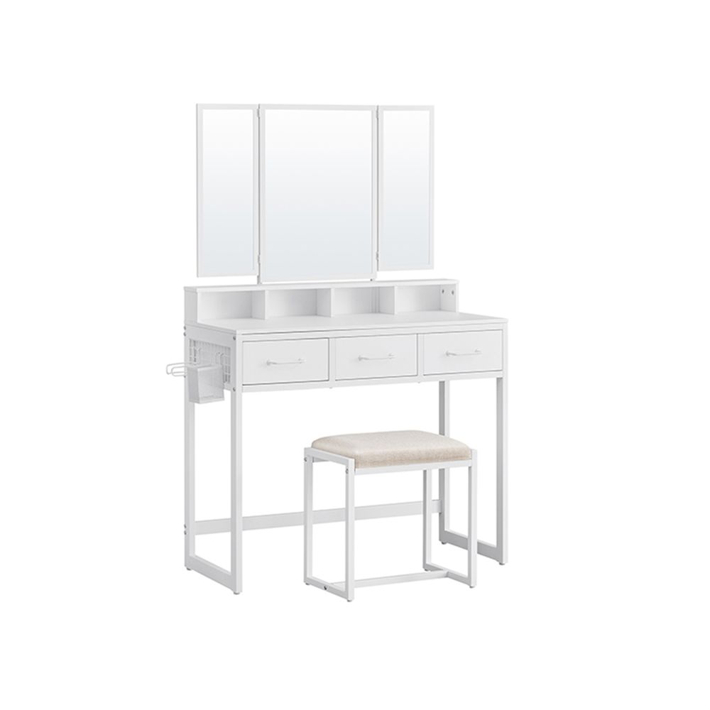 Elegant dressing table set with a tri-fold mirror, three spacious drawers, and a padded stool. Available in Brown, Oak Brown, Gray, and White, with a sturdy steel frame and ample storage options.